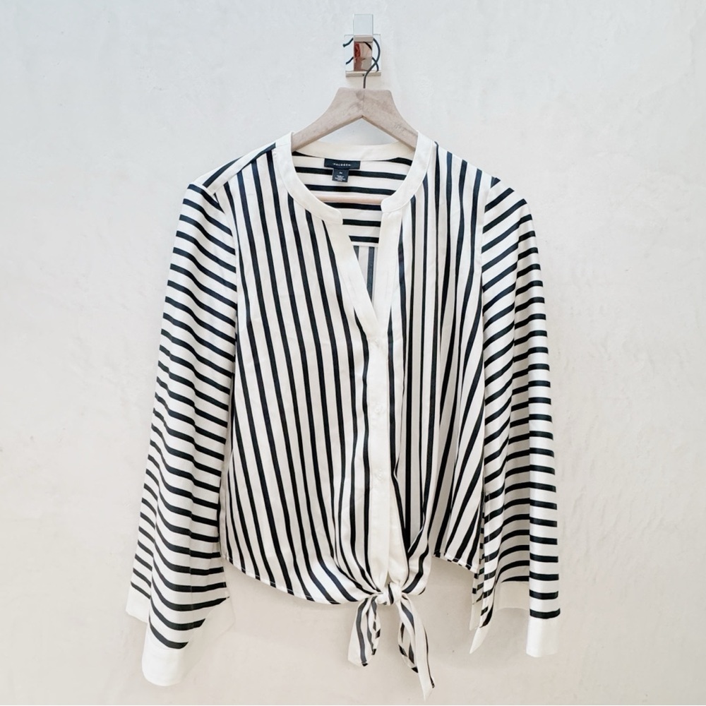 Halogen || Satin Front Tie Wide Bell Sleeve Striped Blouse Medium